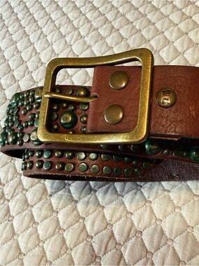 Bed Stu Brown Leather Studded Belt with Brass Buckle